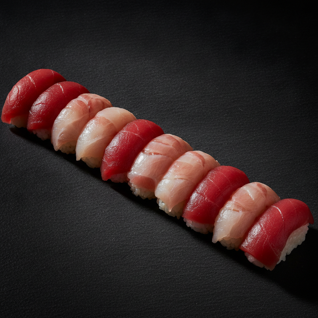 本マグロの握りを一列に並べた一皿